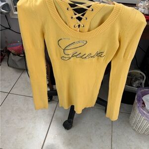 Guess Yellow Lace-Up Crew Neck Sweater